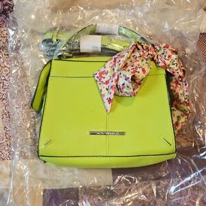Steve Madison Neon Green Handbag with Floral Scarf Accent